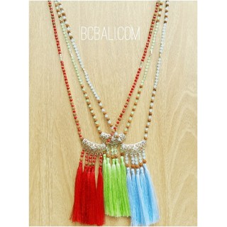 three color tassels pendant necklace silver bronze